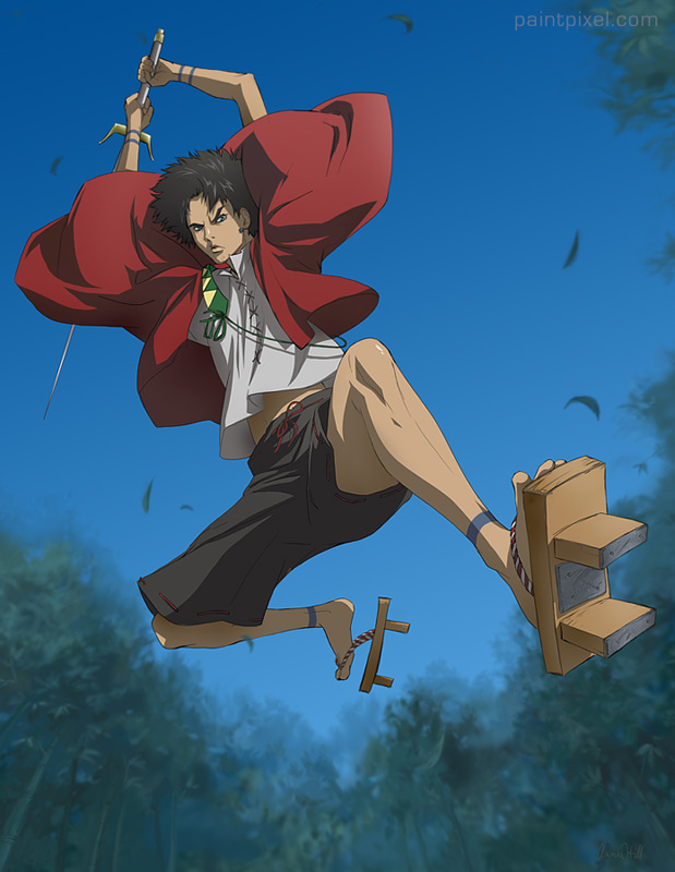 paintpixel, mugen (samurai champloo), samurai champloo, 00s, 1boy, black hair, blue eyes, earrings, flying, geta, jewelry, male focus, nature, outdoors, short hair, sky, solo, sword, tattoo, weapon