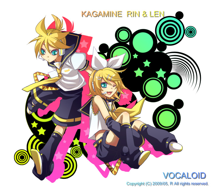 riku-69, kagamine len, kagamine rin, vocaloid, bad id, bad pixiv id, 1boy, 1girl, blonde hair, blue eyes, brother and sister, hair ornament, hair ribbon, hairclip, headphones, headset, midriff, necktie, one eye closed, ribbon, short hair, shorts, siblings, smile, square-end necktie, twins, wink, yellow necktie
