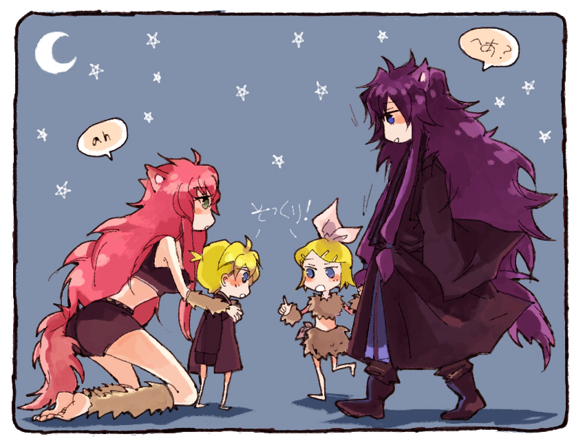 nia (four winds), kagamine len, kagamine rin, kamui gakupo, megurine luka, vocaloid, 2boys, 2girls, ahoge, animal ears, aqua eyes, barefoot, blonde hair, blue eyes, cat ears, chibi, child, hair ornament, hair ribbon, hairclip, long hair, midriff, moon, multiple boys, multiple girls, pink hair, purple hair, ribbon, short hair, very long hair