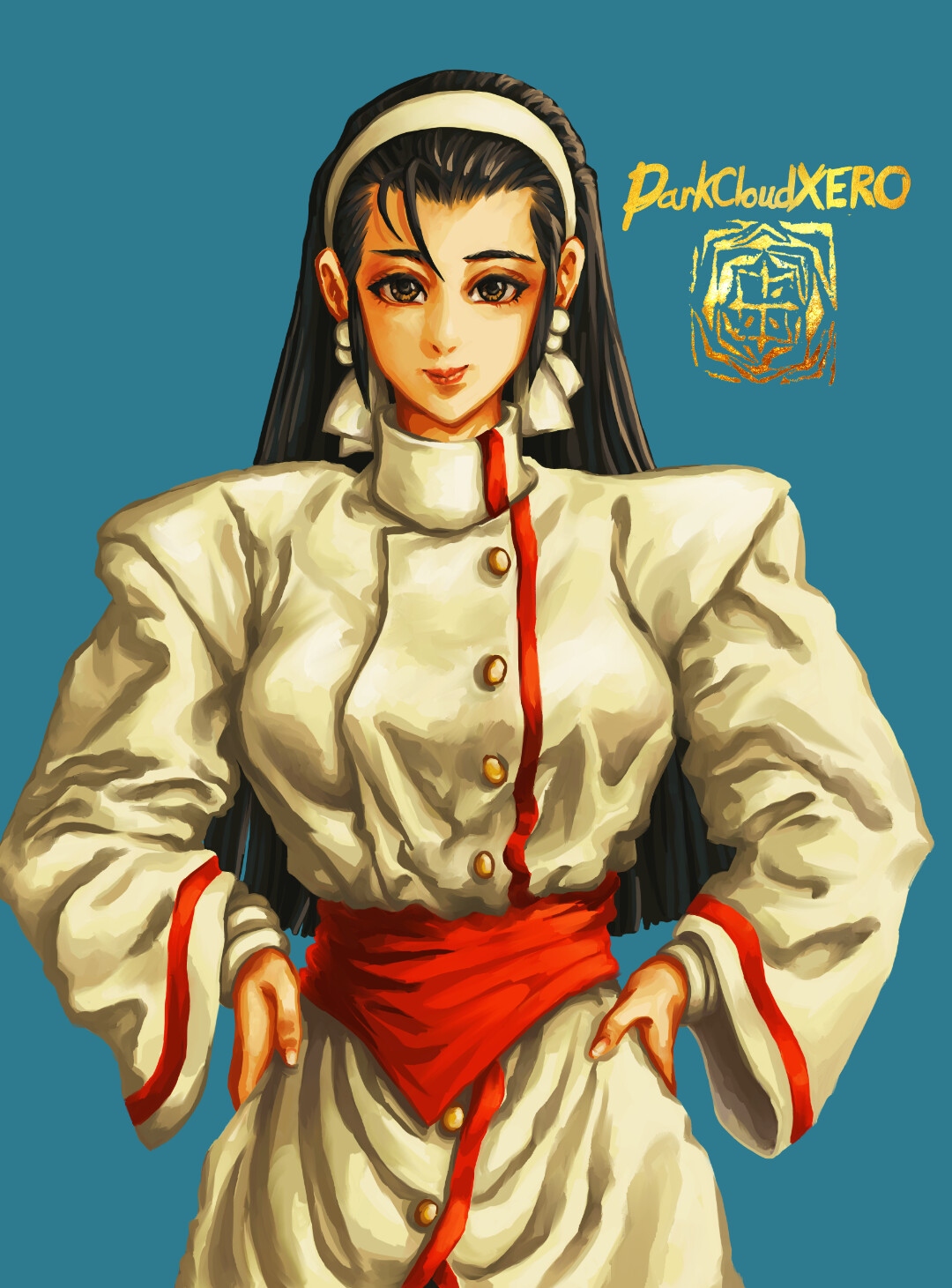 darkcloudxero, kagura chizuru, the king of fighters, highres, 1girl, black hair, breasts, brown eyes, buttons, curvy, dress, earrings, female focus, formal clothes, hairband, hands on own hips, jewelry, large breasts, long hair, long sleeves, looking at viewer, pale skin, smile, smiley face, wide hips