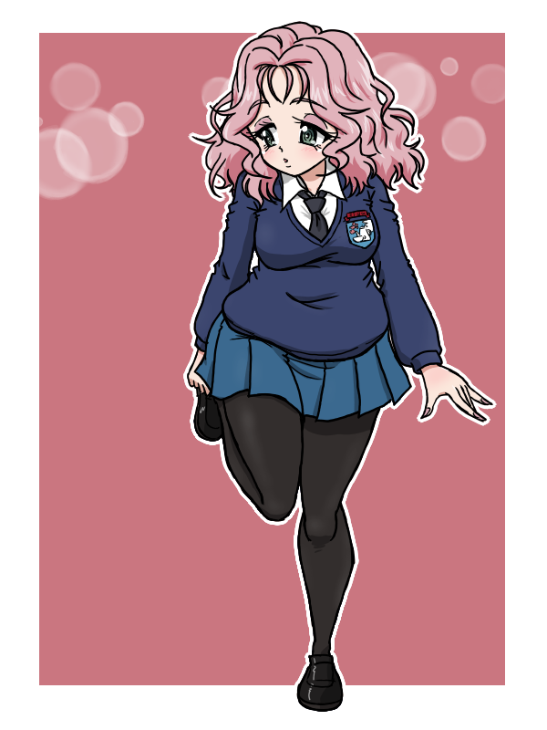 takahashi kurage, peach (girls und panzer), girls und panzer, commentary request, 1girl, black necktie, black pantyhose, blush, breasts, emblem, eyeshadow, full body, green eyes, large breasts, makeup, medium hair, miniskirt, necktie, open mouth, pantyhose, pink background, pink hair, school uniform, simple background, skirt, solo, st. gloriana's (emblem), st. gloriana's school uniform