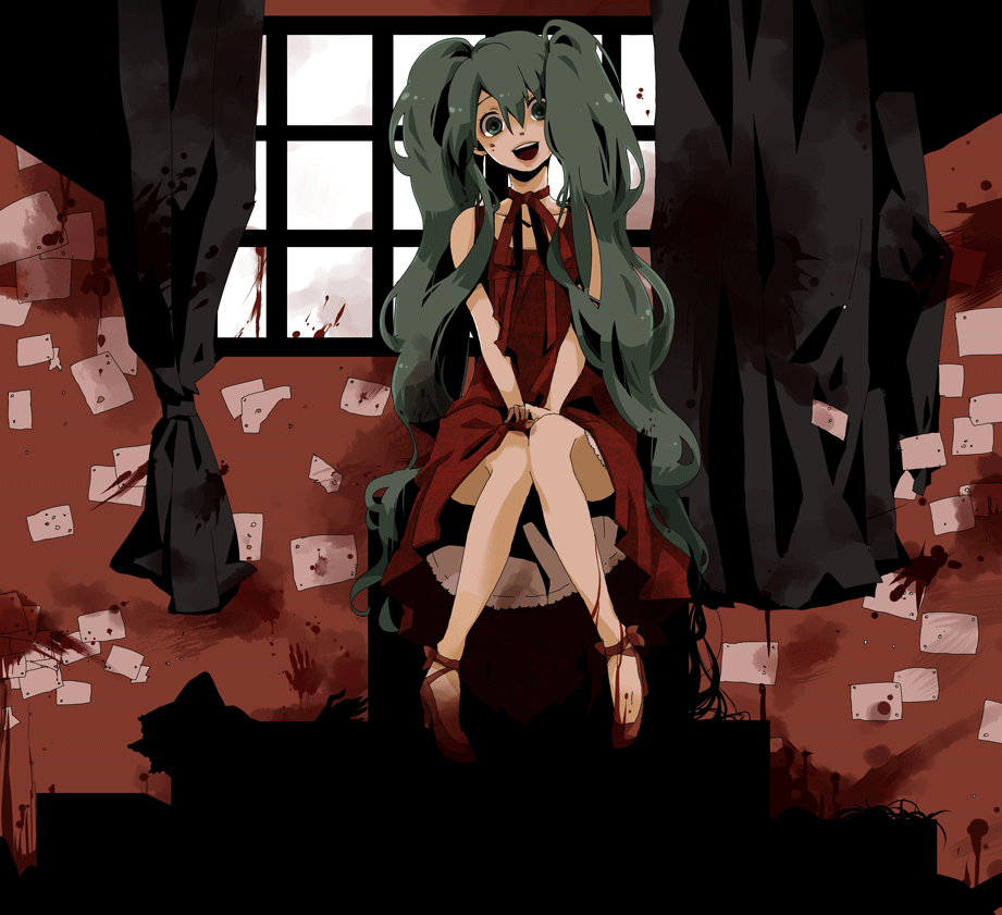 horiro, hatsune miku, rotten girl grotesque romance (vocaloid), vocaloid, 1girl, blood, crazy, creepy, dress, empty eyes, female focus, green eyes, green hair, horror (theme), long hair, matching hair/eyes, red dress, sitting, smile, solo, twintails, very long hair, yandere