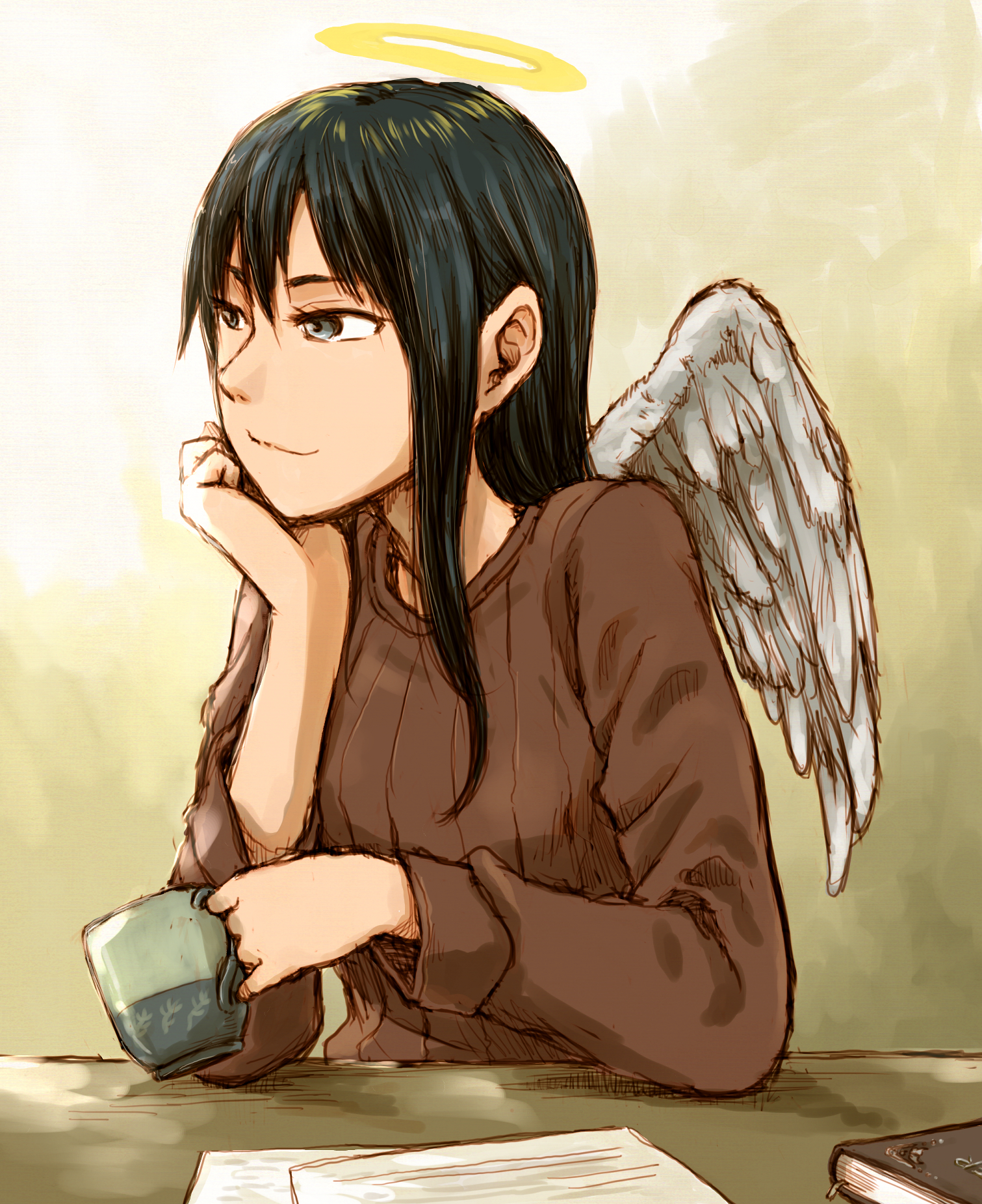 naotan, reki (haibane renmei), haibane renmei, commentary request, highres, 1girl, book, brown shirt, cup, halo, head rest, holding, holding cup, long hair, long sleeves, mug, paper, shirt, sitting, solo, upper body, white wings, wings