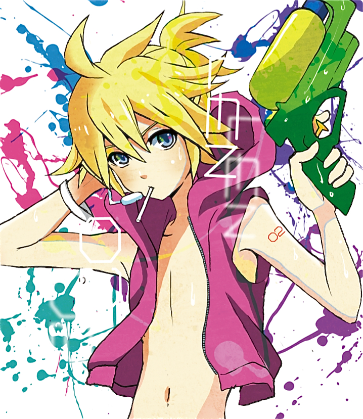 ayuyu, ayuyu (baby), kagamine len, vocaloid, bad id, bad pixiv id, 1boy, blonde hair, blue eyes, headphones, headset, hood, hoodie, male focus, midriff, ponytail, short hair, solo, sweat, water gun