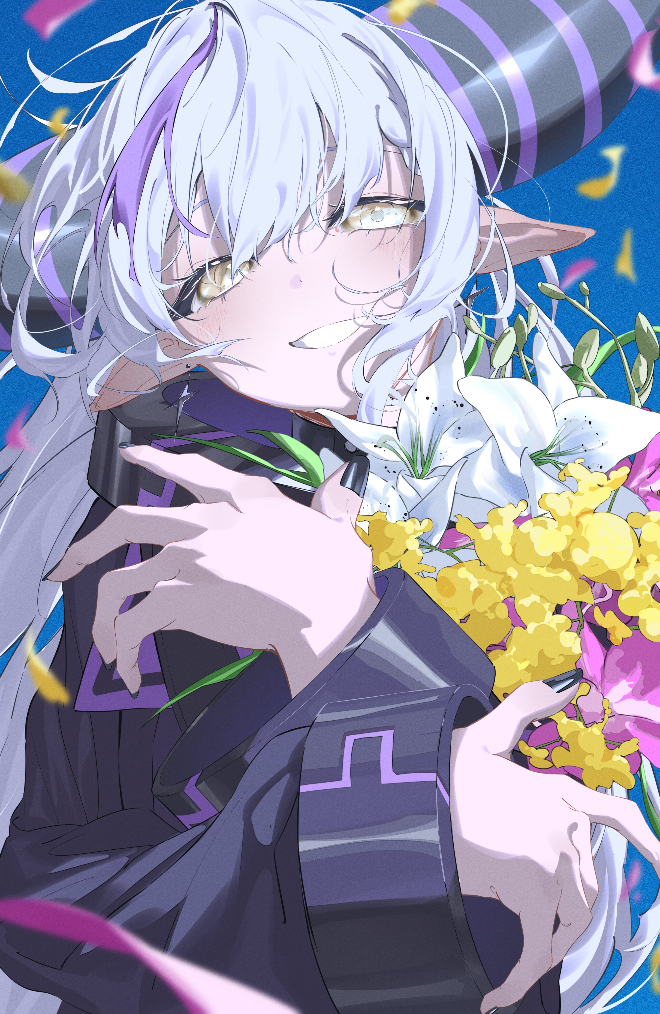 gam 1124, la+ darknesss, hololive, absurdres, commentary, highres, symbol-only commentary, 1girl, black jacket, black nails, bouquet, clenched teeth, demon girl, demon horns, earrings, flower, grey hair, holding, holding bouquet, horns, jacket, jewelry, long hair, looking at viewer, multicolored hair, nail polish, pointy ears, purple hair, smile, solo, streaked hair, striped horns, teeth, virtual youtuber, yellow eyes