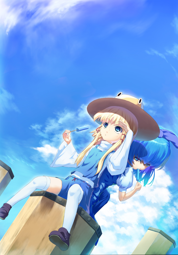 mafu, cirno, moriya suwako, touhou, 2girls, blonde hair, blue eyes, blue hair, hat, multiple girls, sitting, thighhighs