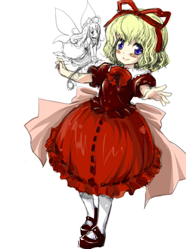 hitoshise, nise nanatsura, medicine melancholy, su-san, touhou, bad id, bad pixiv id, unfinished, 1girl, blonde hair, blue eyes, bow, bubble skirt, female focus, full body, gothic lolita, hair ribbon, large bow, lolita fashion, mary janes, pantyhose, ribbon, shoes, short hair, simple background, skirt, solo, standing