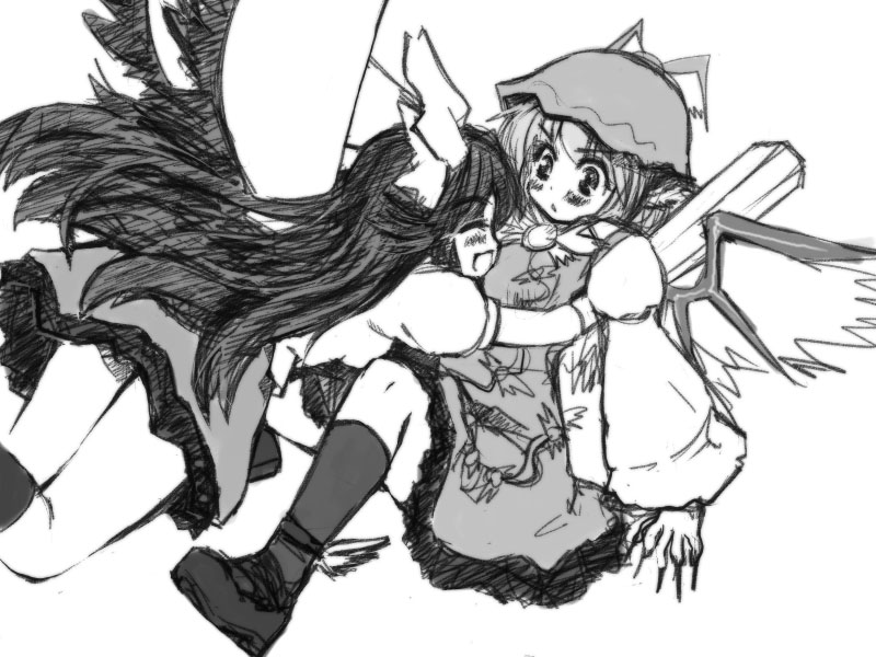 hitoshise, nise nanatsura, mystia lorelei, reiuji utsuho, touhou, bad id, bad pixiv id, 2girls, animal ears, bow, closed eyes, dress, female focus, fingernails, greyscale, hair bow, hat, hug, long fingernails, long hair, monochrome, multiple girls, nail (hardware), short hair, sketch, skirt, socks, sundress, wings