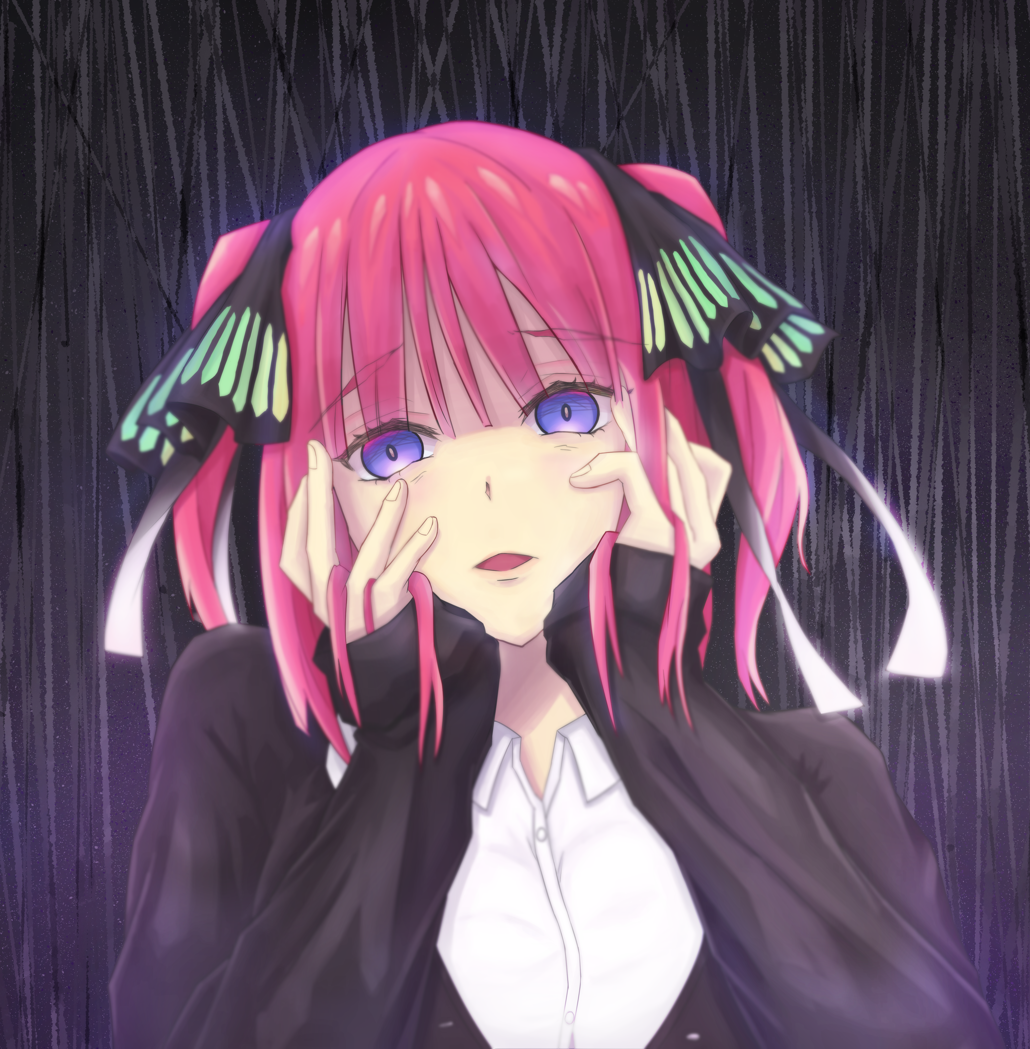 nakano nino, go-toubun no hanayome, absurdres, commentary request, highres, 1girl, black cardigan, black ribbon, blue eyes, blunt bangs, blush, breasts, butterfly hair ornament, cardigan, hair ornament, hair ribbon, hands on own face, looking at viewer, open cardigan, open clothes, open mouth, pink hair, ribbon, shirt, short hair, simple background, smaigs, solo, two side up, white shirt, yandere, yandere trance