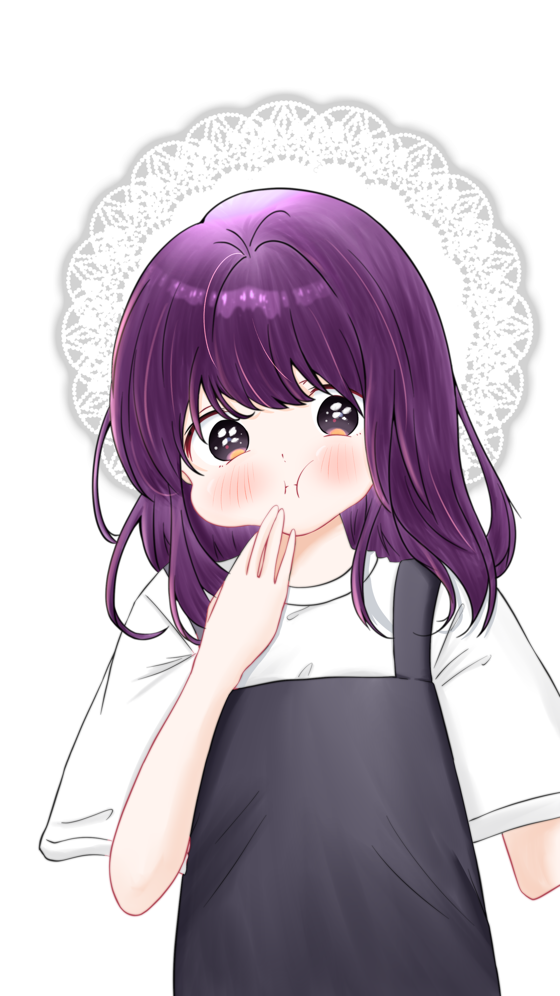 absurdres, commentary request, highres, 1girl, apron, black apron, brown eyes, eating, fujino sumi, hand up, looking at viewer, osananananajimi, puffy cheeks, purple hair, shirt, short sleeves, solo, white shirt, yurara (pixiv102952654)
