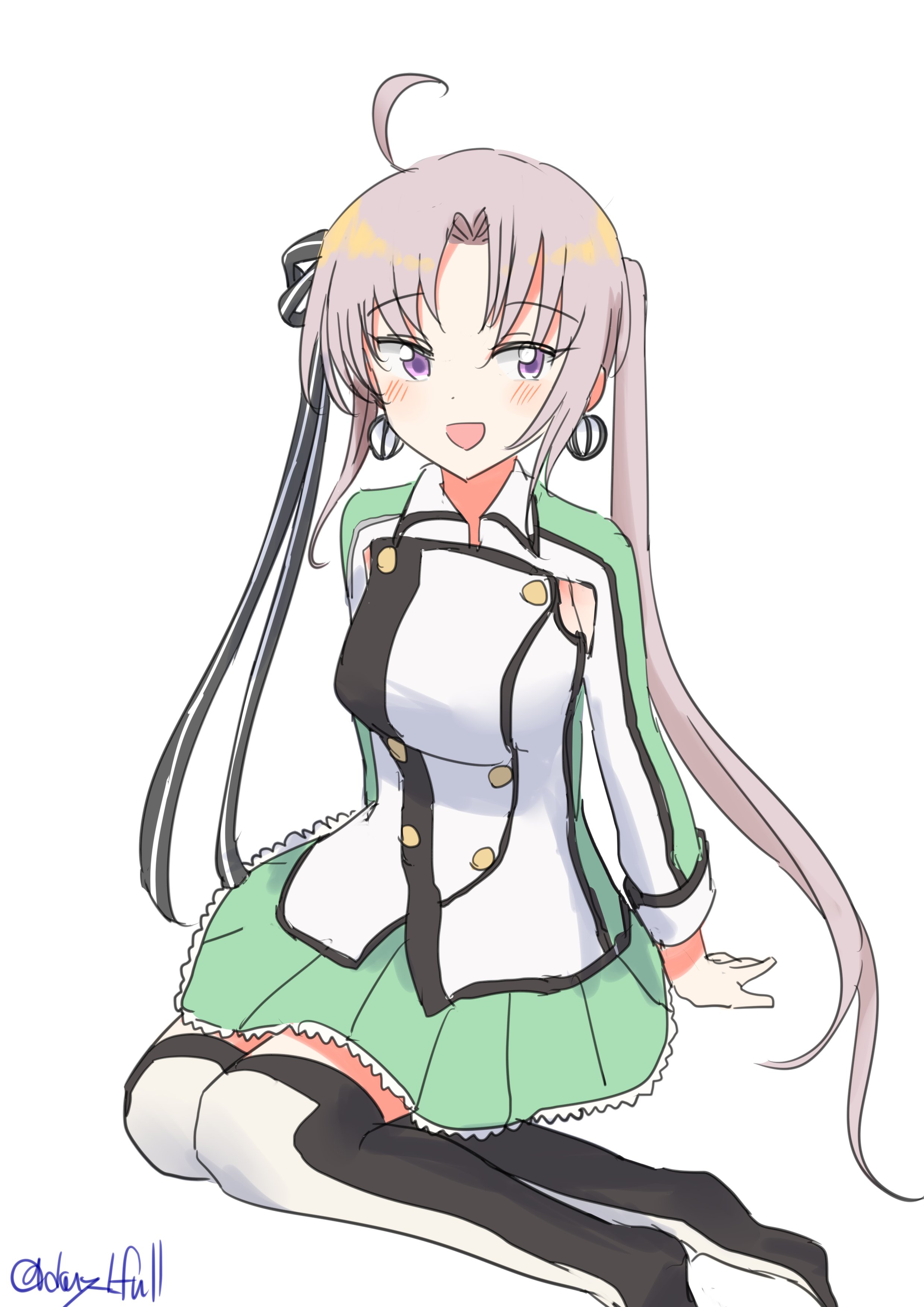 robinson (day l full), akitsushima (kancolle), kantai collection, absurdres, commentary request, highres, 1girl, ahoge, armpit cutout, buttons, clothing cutout, double-breasted, green skirt, grey hair, hair ribbon, military uniform, miniskirt, one-hour drawing challenge, pleated skirt, purple eyes, ribbon, side ponytail, simple background, sitting, skirt, smile, solo, two-tone thighhighs, white background, yokozuwari