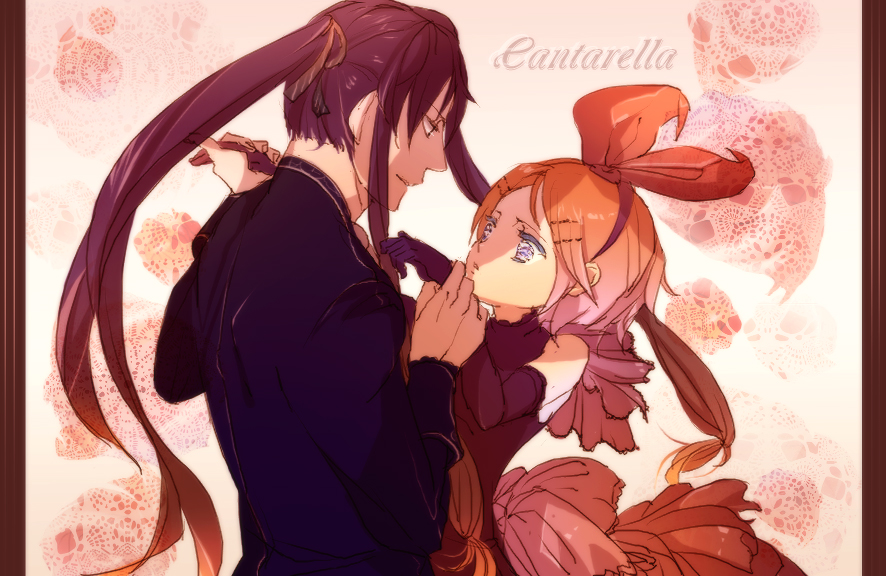 hagi (artist), kagamine rin, kamui gakupo, cantarella, cantarella (vocaloid), vocaloid, bad id, bad pixiv id, 1boy, 1girl, blonde hair, blue eyes, dress, elbow gloves, formal clothes, gloves, hair ornament, hair ribbon, hairclip, height difference, long hair, ponytail, purple hair, ribbon, short hair, suit