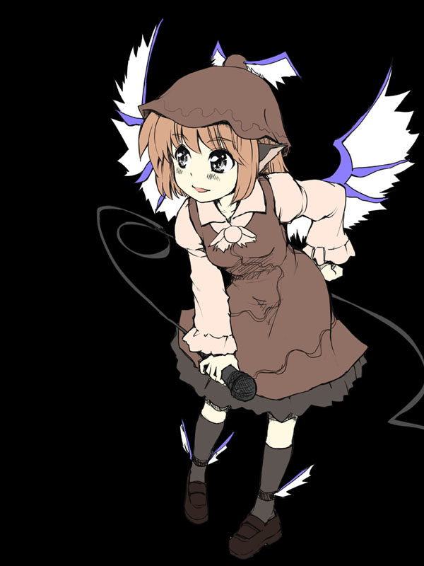 hitoshise, nise nanatsura, mystia lorelei, touhou, winged footwear, bad id, bad pixiv id, 1girl, cable, female focus, flat color, full body, grey eyes, hat, leaning forward, microphone, red hair, shoes, simple background, solo, wings