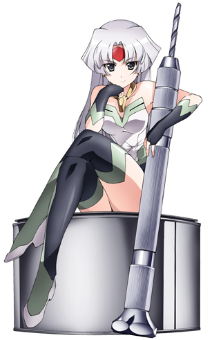 tsunashima shirou, reycal, orichalcum reycal, lowres, bare shoulders, boots, brown eyes, crossed legs, drill, elbow gloves, facial mark, fingerless gloves, forehead mark, gloves, grey eyes, head rest, long hair, sitting, solo, thigh boots, thighhighs, white hair