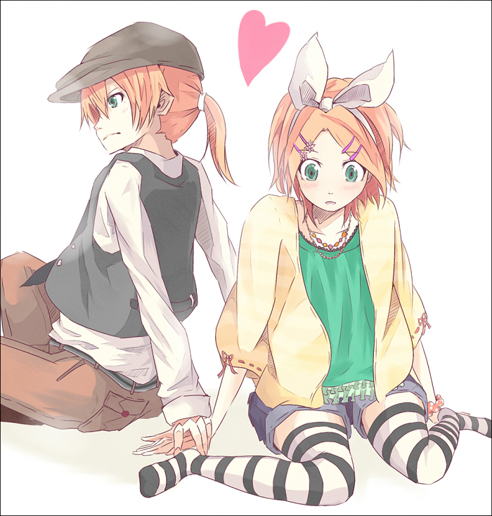 yakitori (artist), kagamine len, kagamine rin, vocaloid, 1boy, 1girl, alternate costume, blonde hair, blush, brother and sister, cardigan, denim, denim shorts, frilled shirt, frills, green eyes, hair ornament, hair ribbon, hairclip, hat, heart, newsboy cap, patterned legwear, ponytail, ribbon, shirt, short hair, shorts, siblings, striped clothes, striped thighhighs, thighhighs, twins, two-tone stripes, vest