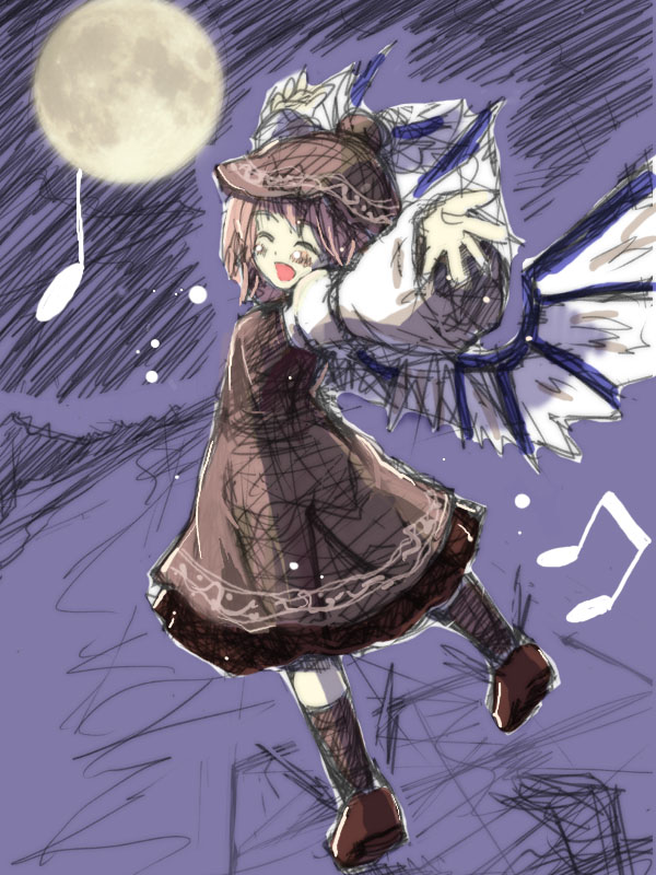 hitoshise, nise nanatsura, mystia lorelei, touhou, bad id, bad pixiv id, 1girl, arms up, closed eyes, female focus, happy, hat, looking back, moon, music, musical note, night, singing, sketch, smile, solo, wings