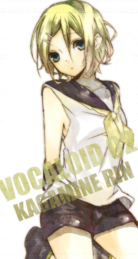 rito0805, rito (rito0805), ritoko (artist), kagamine rin, vocaloid, bad id, bad pixiv id, 1girl, blonde hair, blue eyes, female focus, hair ornament, hairclip, short hair, shorts, simple background, solo