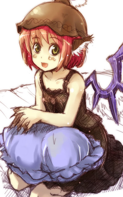 hitoshise, nise nanatsura, mystia lorelei, touhou, bad id, bad pixiv id, 1girl, animal ears, bare shoulders, bed, dress, female focus, kneeling, pillow, red hair, short hair, sketch, solo, sundress, wings, yellow eyes