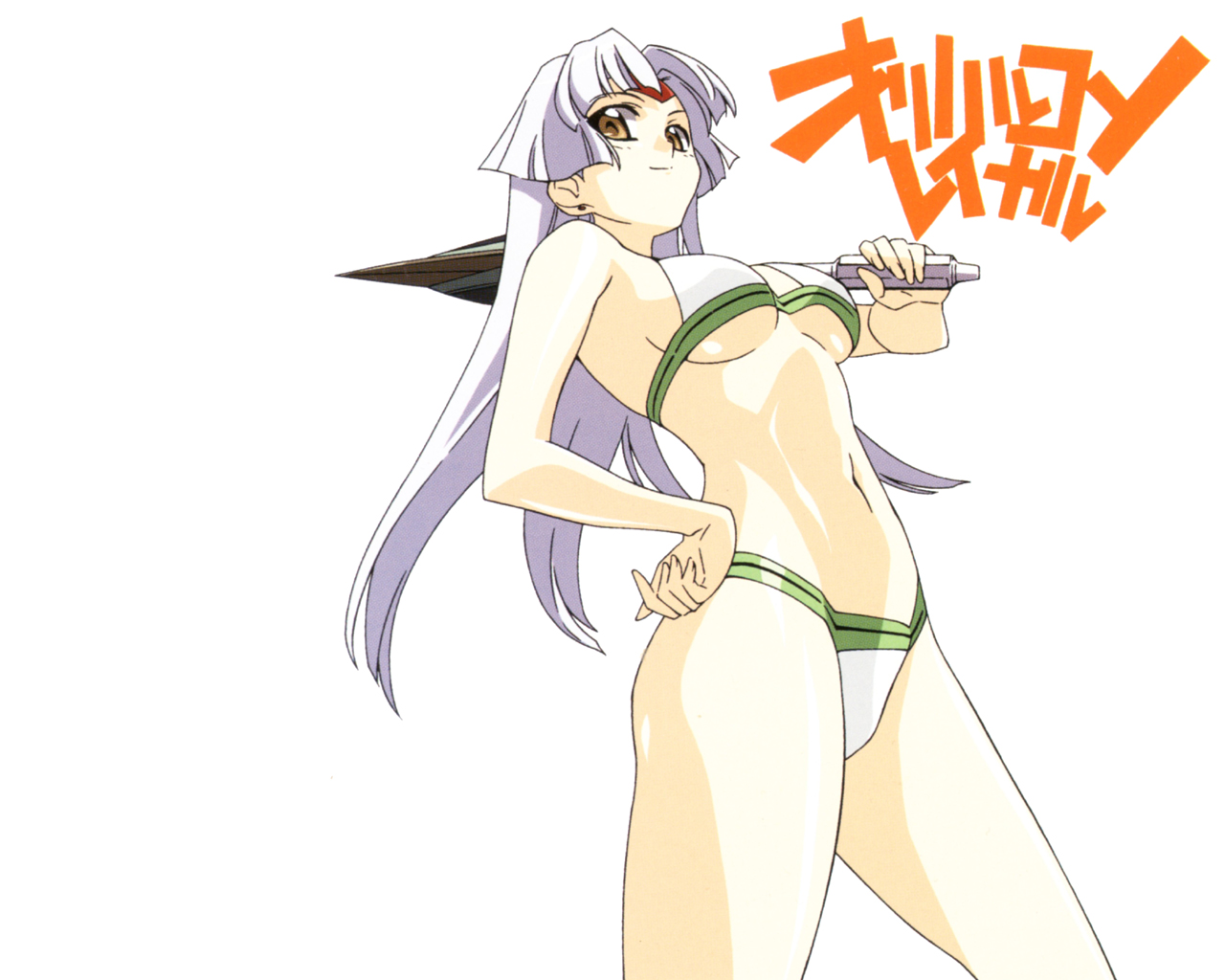 tsunashima shirou, reycal, orichalcum reycal, 1girl, bikini, breasts, brown eyes, earrings, facial mark, female focus, forehead mark, hand on own hip, hip focus, jewelry, long hair, medium breasts, polearm, solo, spear, swimsuit, underboob, weapon, white bikini, white hair, yellow eyes