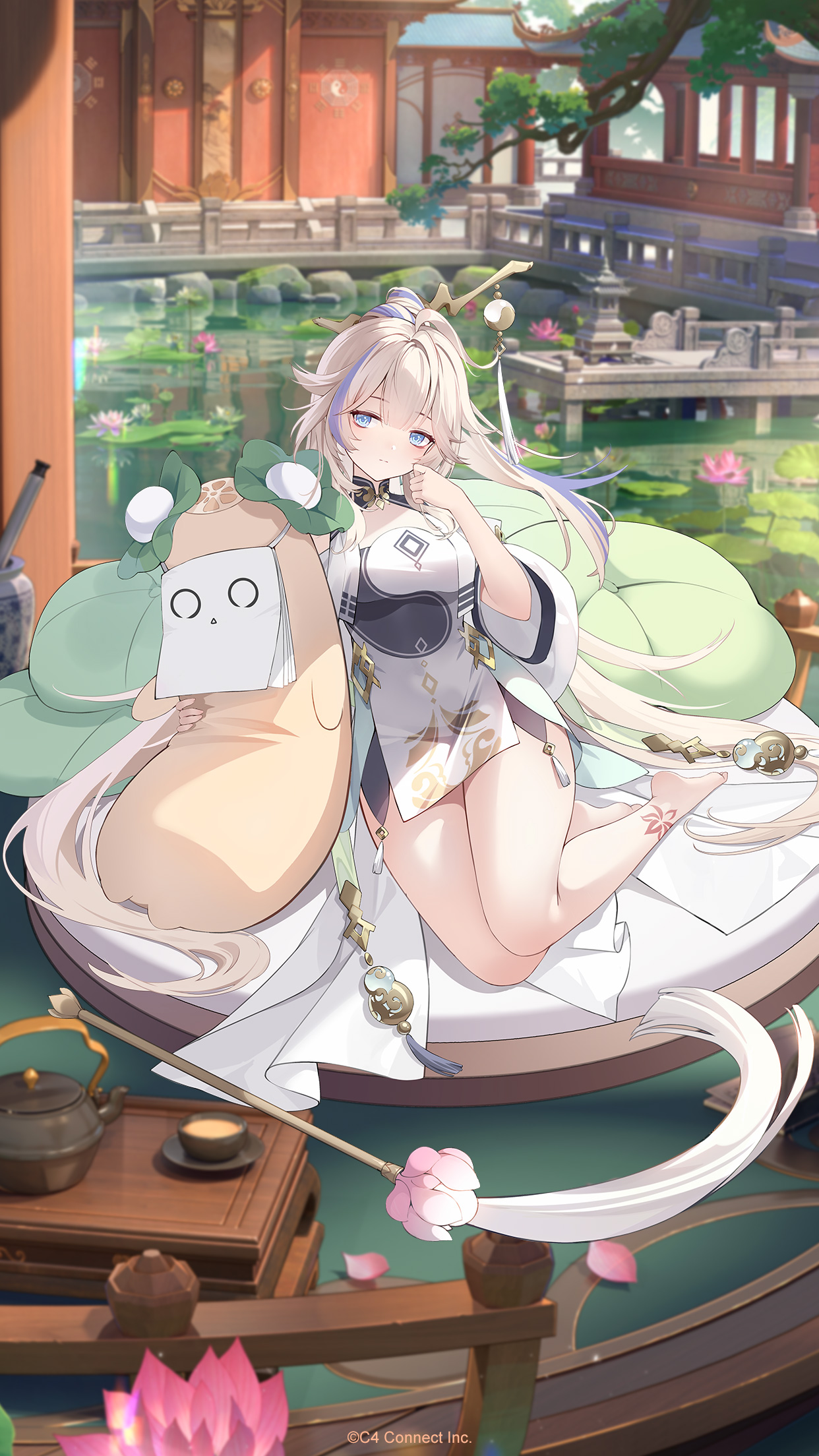 houchi shoujo, character request, commentary request, highres, official art, 1girl, architecture, barefoot, blonde hair, blue eyes, blue streaks, closed mouth, creature, cup, east asian architecture, flower, full body, garden, hand up, lily pad, long hair, pale skin, pink flower, pink petals, sitting, solo focus, split mouth, teapot, very long hair, water, water lily flower