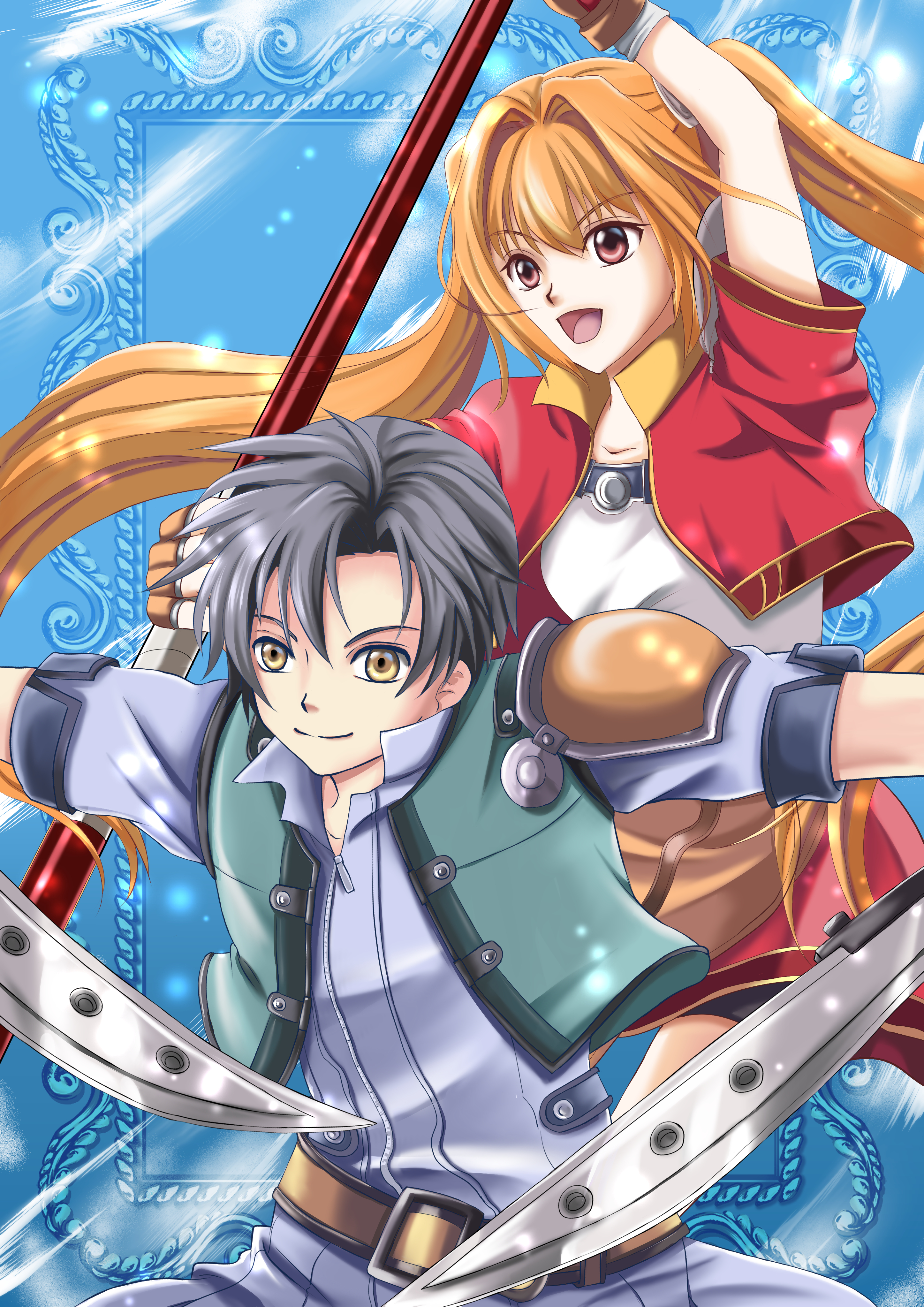 estelle bright, joshua bright, eiyuu densetsu, falcom, sora no kiseki, absurdres, commentary request, highres, 1boy, 1girl, antenna hair, armor, bo staff, brown hair, cropped jacket, curtained hair, gloves, leather, leather gloves, pauldrons, shoulder armor, single pauldron, staff, takuno y, twintails