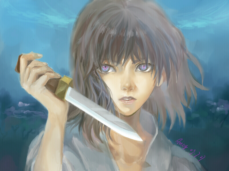 avicy, ryougi shiki, kara no kyoukai, bad id, bad pixiv id, 1girl, black hair, blue eyes, female focus, japanese clothes, kimono, knife, night, open mouth, purple eyes, realistic, reverse grip, short hair, signature, solo, teeth