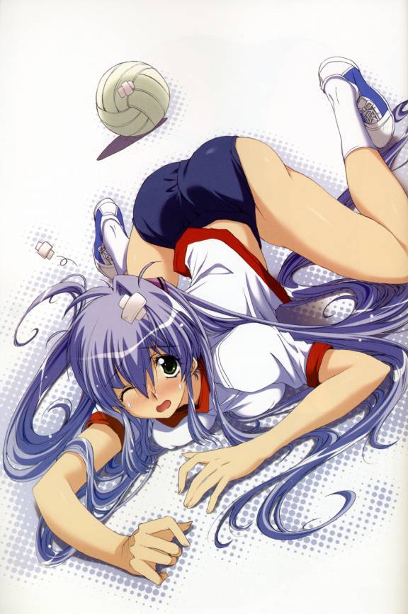 akane kotetsu, kurashiki tsubame, tsubame (tsubame syndrome), tsubame syndrome, jpeg artifacts, official art, 1girl, ahoge, ass, ball, bandaid, blue hair, blush, breast press, breasts, buruma, clothes lift, covered erect nipples, female focus, green eyes, gym uniform, hair intakes, long hair, midriff, open mouth, shirt lift, shoes, sneakers, socks, solo, spread legs, sweat, top-down bottom-up, twintails, very long hair, volleyball, volleyball (object), wince