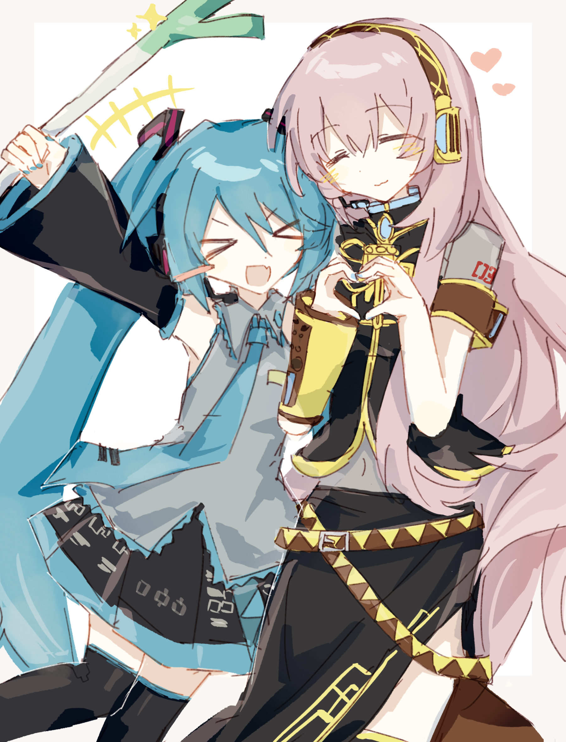 wusem0108, hatsune miku, megurine luka, vocaloid, commentary, english commentary, highres, > <, 2girls, ^ ^, arm up, black boots, black skirt, blue hair, blue necktie, boots, closed eyes, closed mouth, detached sleeves, food, grey shirt, headset, heart, heart hands, holding, holding food, holding spring onion, holding vegetable, long hair, long shirt, miniskirt, multiple girls, navel, necktie, open mouth, pink hair, shirt, shoulder tattoo, side slit, skirt, sleeveless, sleeveless shirt, smile, spring onion, tattoo, thigh boots, twintails, vegetable