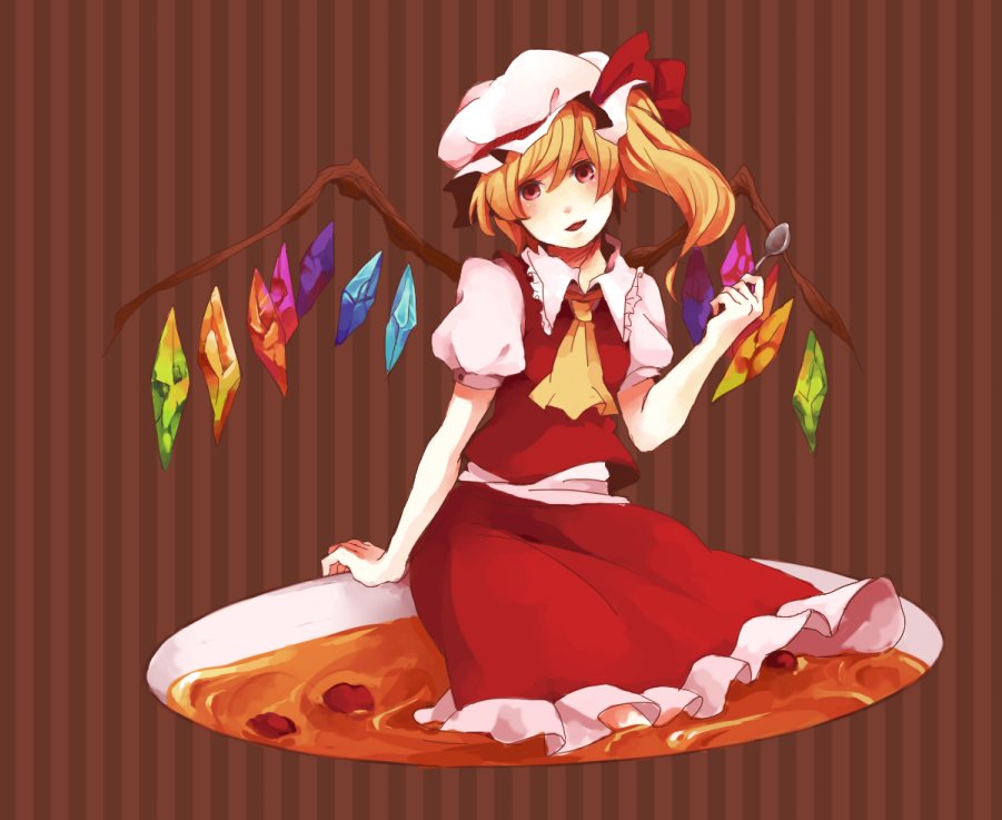 jugem, flandre scarlet, touhou, bad id, bad pixiv id, 1girl, blonde hair, female focus, food, hat, one side up, ponytail, red eyes, short hair, side ponytail, solo, spoon, wings