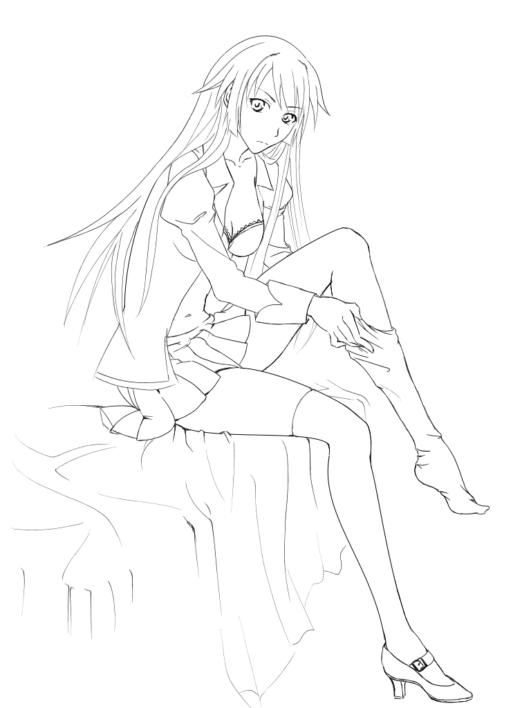 kudamatu, senjougahara hitagi, bakemonogatari, monogatari (series), bad id, bad pixiv id, 00s, 1girl, bed, bra, breasts, cleavage, female focus, greyscale, high heels, lineart, lingerie, long hair, medium breasts, miniskirt, monochrome, school uniform, shoes, single shoe, sitting, skirt, solo, thighhighs, underwear