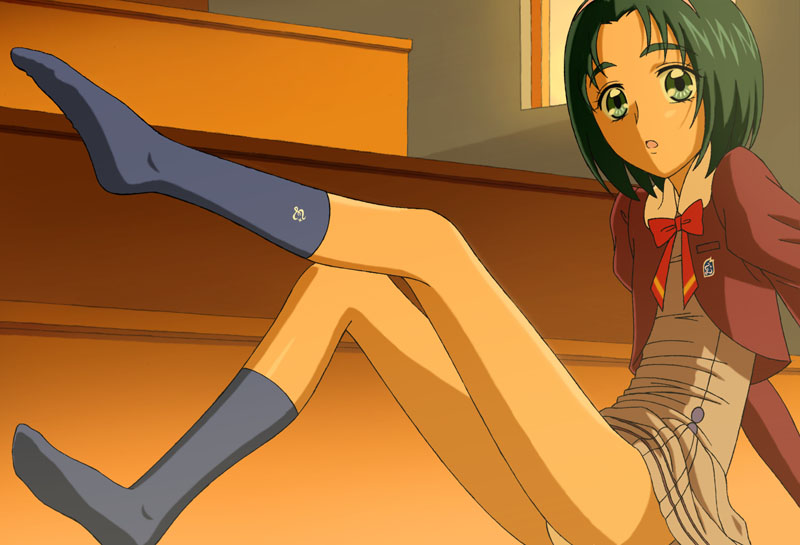 natsuhina, akimoto komachi, precure, yes! precure 5, 00s, 1girl, blue socks, classroom, eyelashes, feet, female focus, green eyes, green hair, indoors, leg lift, legs, matching hair/eyes, panties, pantyshot, school, school uniform, sitting, socks, soles, solo, toes, underwear, white panties