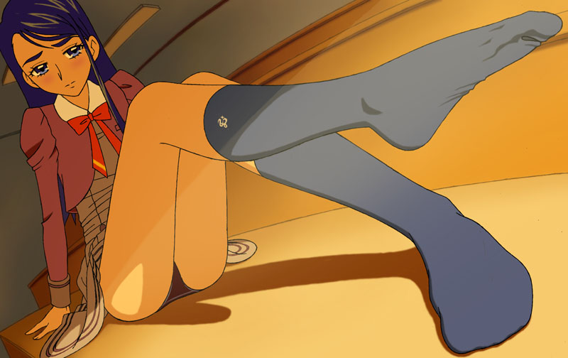 natsuhina, minazuki karen, precure, yes! precure 5, 00s, 1girl, black panties, blue eyes, blue hair, blue socks, blush, classroom, embarrassed, eyelashes, feet, female focus, foreshortening, leg lift, legs, long hair, matching hair/eyes, panties, pantyshot, plantar flexion, school, school uniform, sitting, socks, soles, solo, toes, underwear