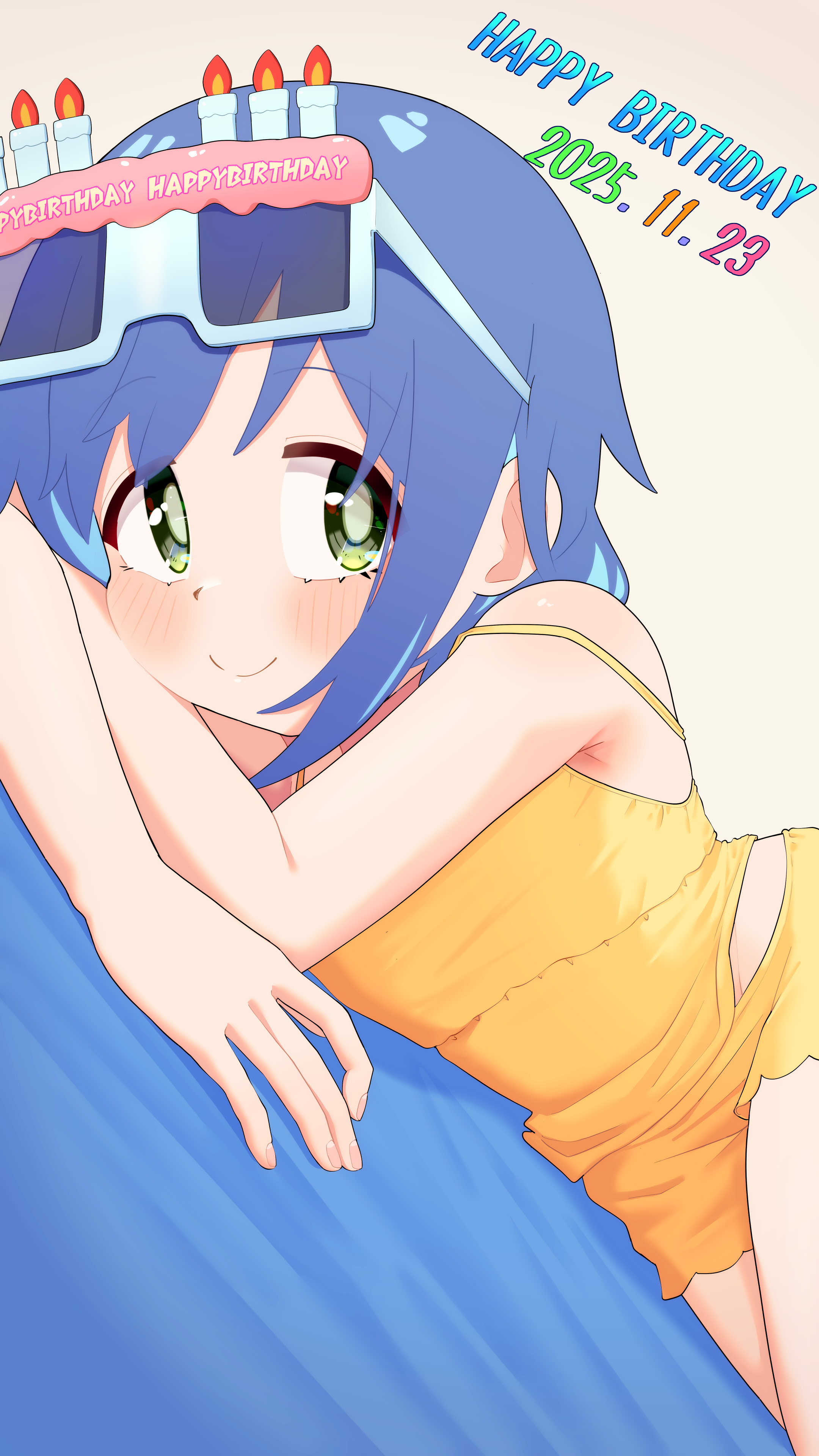 happyundergate, tenkawa nayuta, onii-chan wa oshimai!, absurdres, commentary, english commentary, highres, mixed-language commentary, 1girl, armpit crease, bare arms, bare legs, bare shoulders, birthday glasses, blue hair, blush, camisole, colored inner hair, dated, eyewear on head, green eyes, happy birthday, long hair, looking at viewer, lying, multicolored hair, on side, on stomach, short shorts, shorts, smile, solo, spaghetti strap, strap slip, sunglasses, two-tone hair, white-framed eyewear, yellow camisole, yellow shorts