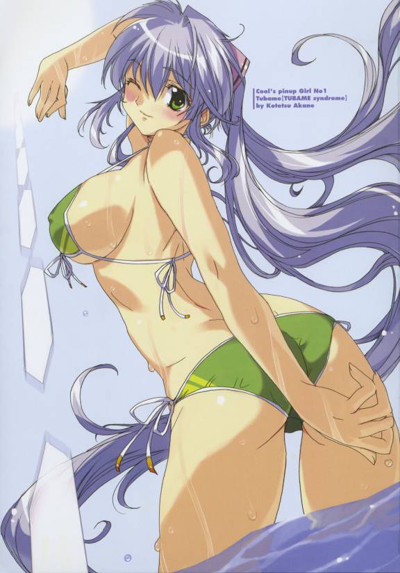 akane kotetsu, kurashiki tsubame, tsubame (tsubame syndrome), tsubame syndrome, jpeg artifacts, official art, scan, 1girl, arm up, ass, back, bikini, blue hair, blush, breasts, covered erect nipples, day, female focus, from behind, front-tie top, green bikini, green eyes, hair ribbon, large breasts, long hair, looking back, ocean, one eye closed, outdoors, ribbon, shading eyes, side-tie bikini bottom, sideboob, sky, smile, solo, standing, sun, swimsuit, twintails, underboob, very long hair, wading, water, wet, wet clothes, wink
