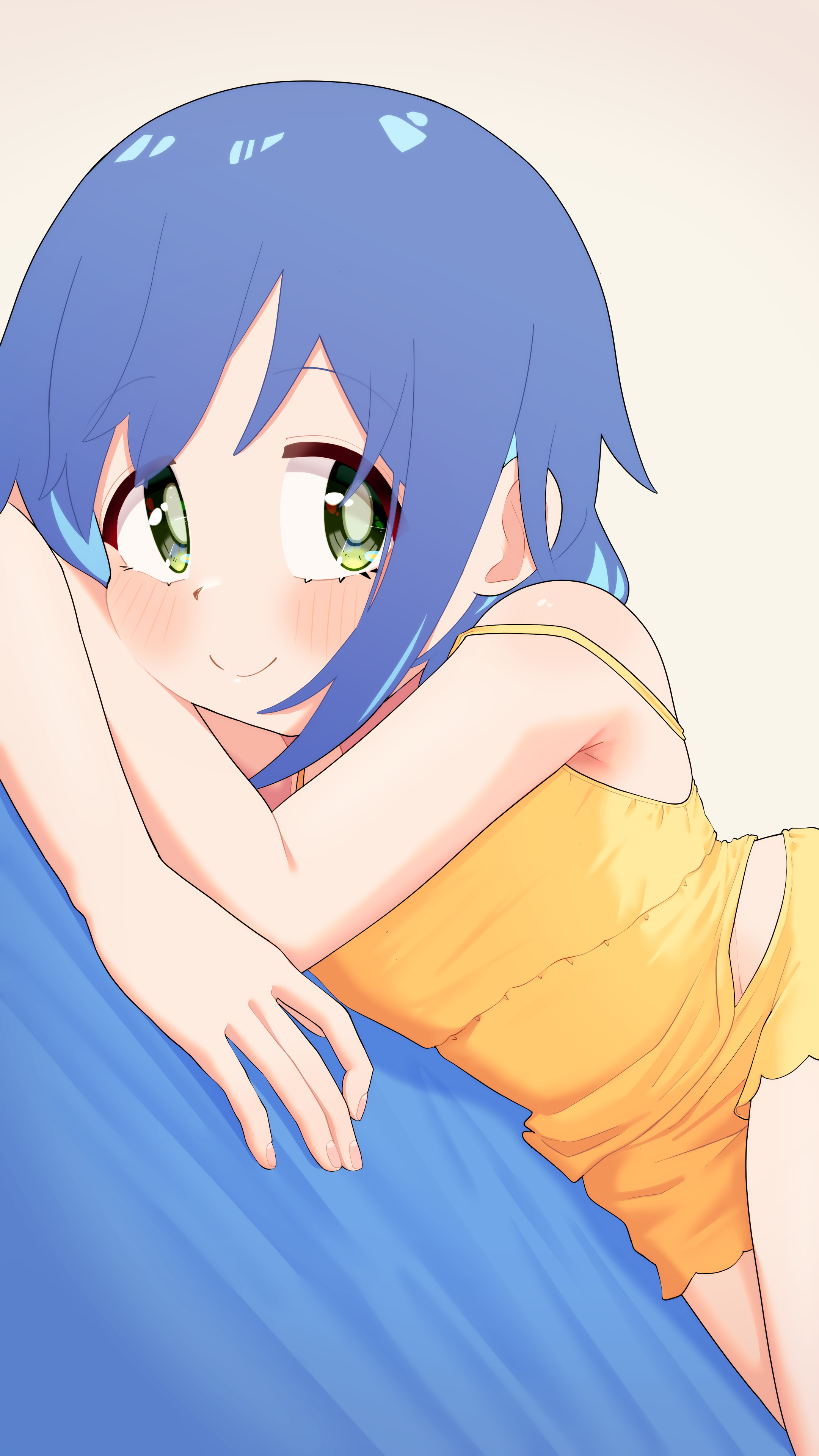 happyundergate, tenkawa nayuta, onii-chan wa oshimai!, absurdres, commentary, english commentary, highres, mixed-language commentary, 1girl, armpit crease, bare arms, bare legs, bare shoulders, blue hair, blush, camisole, colored inner hair, green eyes, long hair, looking at viewer, lying, multicolored hair, on side, on stomach, short shorts, shorts, smile, solo, spaghetti strap, strap slip, two-tone hair, yellow camisole, yellow shorts