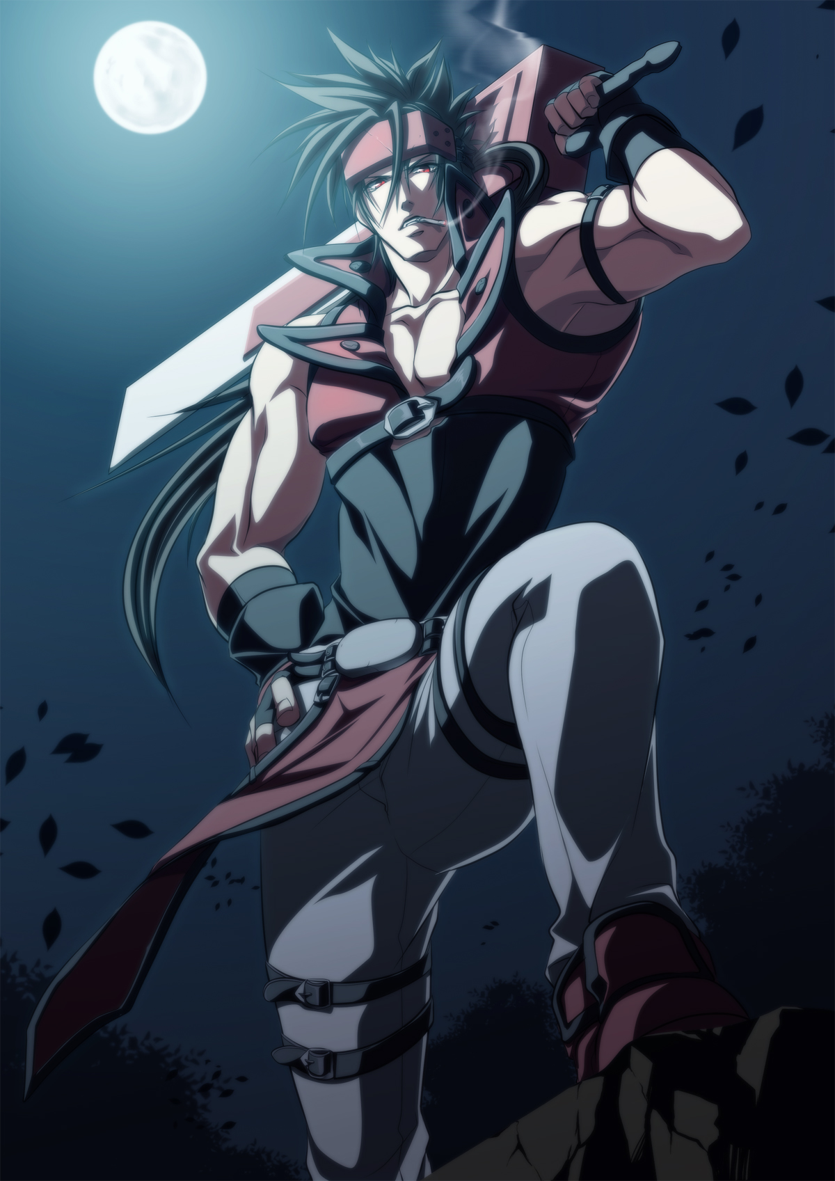 killingrock, sol badguy, arc system works, guilty gear, guilty gear x, guilty gear xx, bad id, bad pixiv id, highres, 1boy, black hair, cigarette, full moon, male focus, manly, moon, night, ponytail, red eyes, smoking, solo, sword, weapon