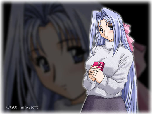 jumiel, rayblade, blue eyes, blue hair, breasts, gift, hair ribbon, large breasts, long hair, ribbon, solo