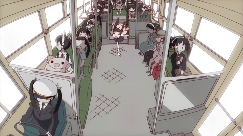 hachikuji mayoi, bakemonogatari, monogatari (series), vehicle, animated, animated gif, anime screenshot, 00s, 6+girls, bus, bus interior, motor vehicle, multiple girls, multiple persona, shaft (company), twintails