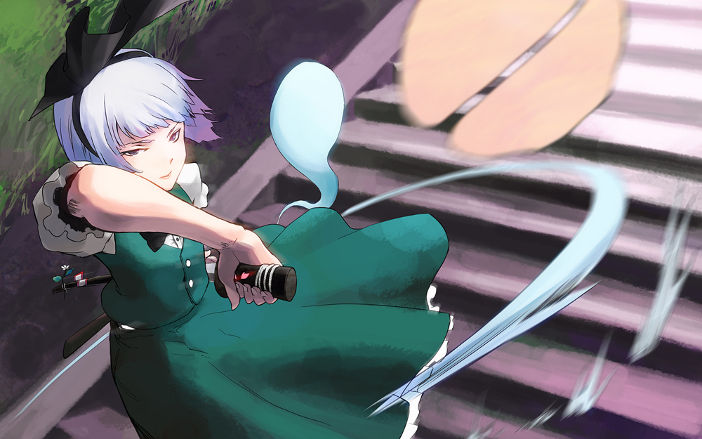 gachapinmuck, izumi (sa na ra ra), konpaku youmu, konpaku youmu (ghost), touhou, silver hair, bad id, bad pixiv id, 1girl, cherry blossoms, female focus, hitodama, katana, sheath, short hair, solo, stairs, sword, unsheathing, weapon