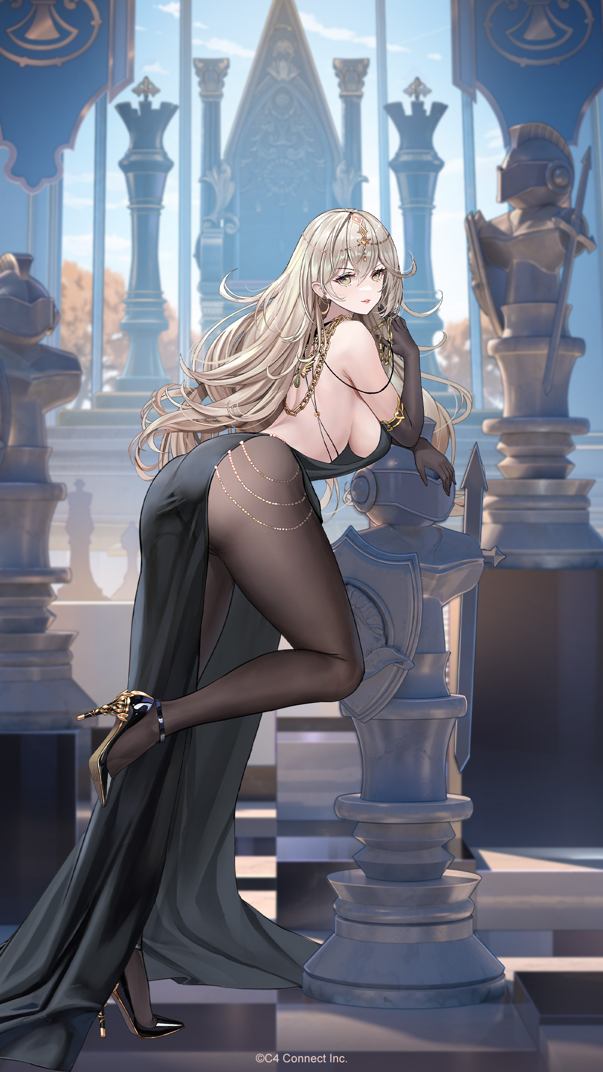 houchi shoujo, character request, commentary request, highres, official art, 1girl, black dress, black gloves, black pantyhose, black shoes, blonde hair, breasts, chain, chess piece, dress, earrings, elbow gloves, full body, gloves, gold chain, hair between eyes, high heels, jewelry, leaning forward, leaning on object, leg up, long hair, looking at viewer, orange lips, pale skin, pantyhose, parted lips, shoes, sideboob, single bare shoulder, solo, statue, throne, yellow eyes