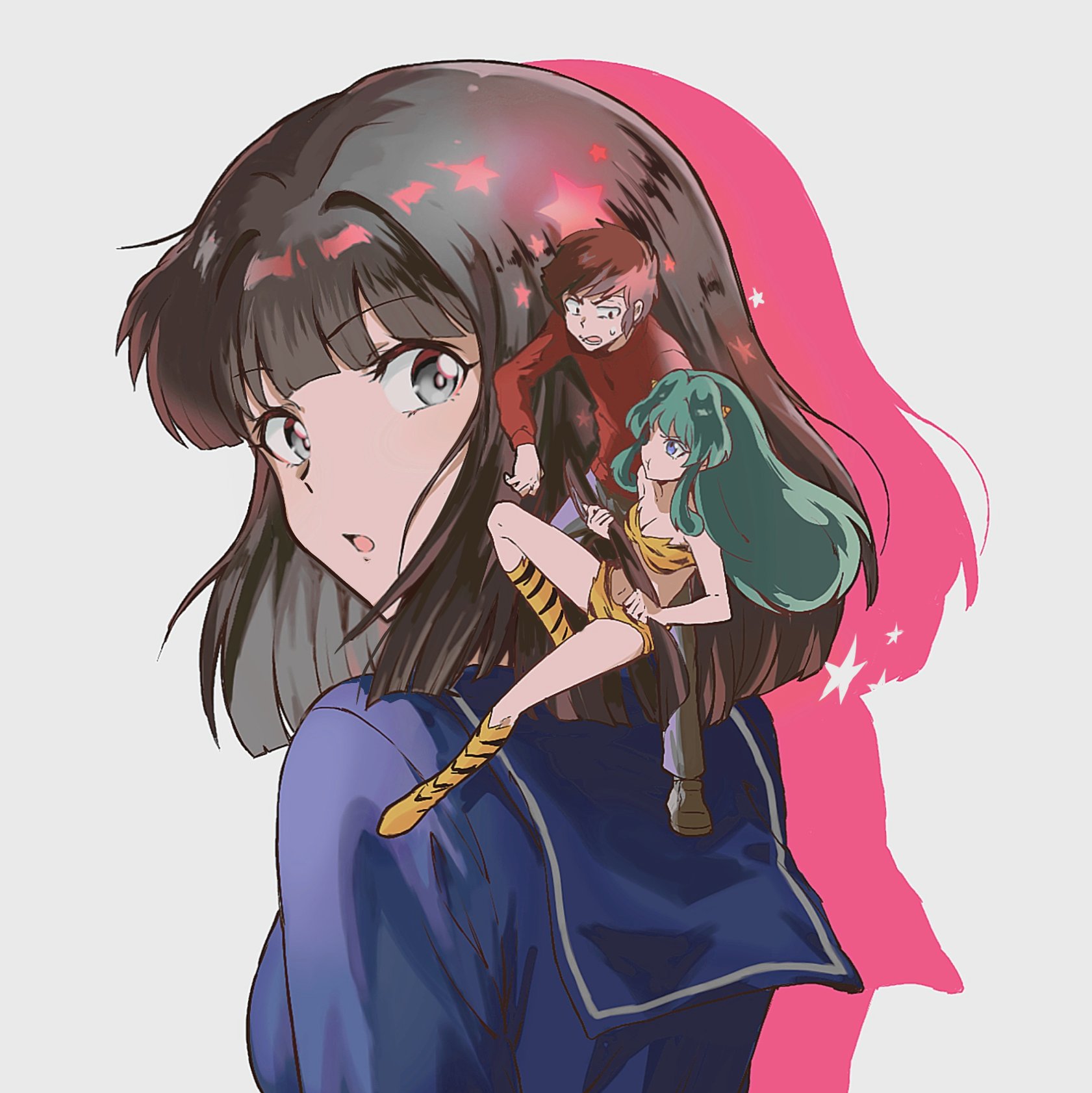 qrhara555, lum, miyake shinobu, moroboshi ataru, urusei yatsura, highres, 1boy, 2girls, afterimage, animal print, bikini, blue sailor collar, blue serafuku, blue shirt, boots, brown eyes, brown hair, cone horns, from behind, frown, full body, green hair, grey background, horns, knee boots, long hair, looking back, medium hair, multiple girls, open mouth, print bikini, print boots, sailor collar, school uniform, serafuku, shirt, short hair, sidelocks, sweatdrop, swimsuit, tiger print, upper body