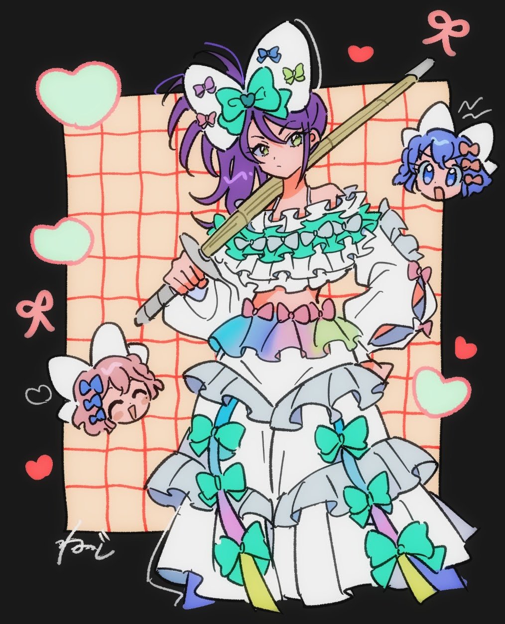 rituyama1, dorothy west, reona west, toudou shion, pretty series, pripara, commentary request, highres, 1boy, 2girls, :d, black border, blue hair, border, bow, closed mouth, green bow, hair bow, hand on own hip, heart, holding, holding sword, holding weapon, large bow, long hair, long sleeves, looking at viewer, midriff, multiple girls, open mouth, over shoulder, pink hair, puffy long sleeves, puffy sleeves, purple hair, shinai, shirt, short hair, side ponytail, signature, skirt, smile, standing, sword, sword over shoulder, weapon, weapon over shoulder, white bow, white shirt, white skirt, yellow eyes