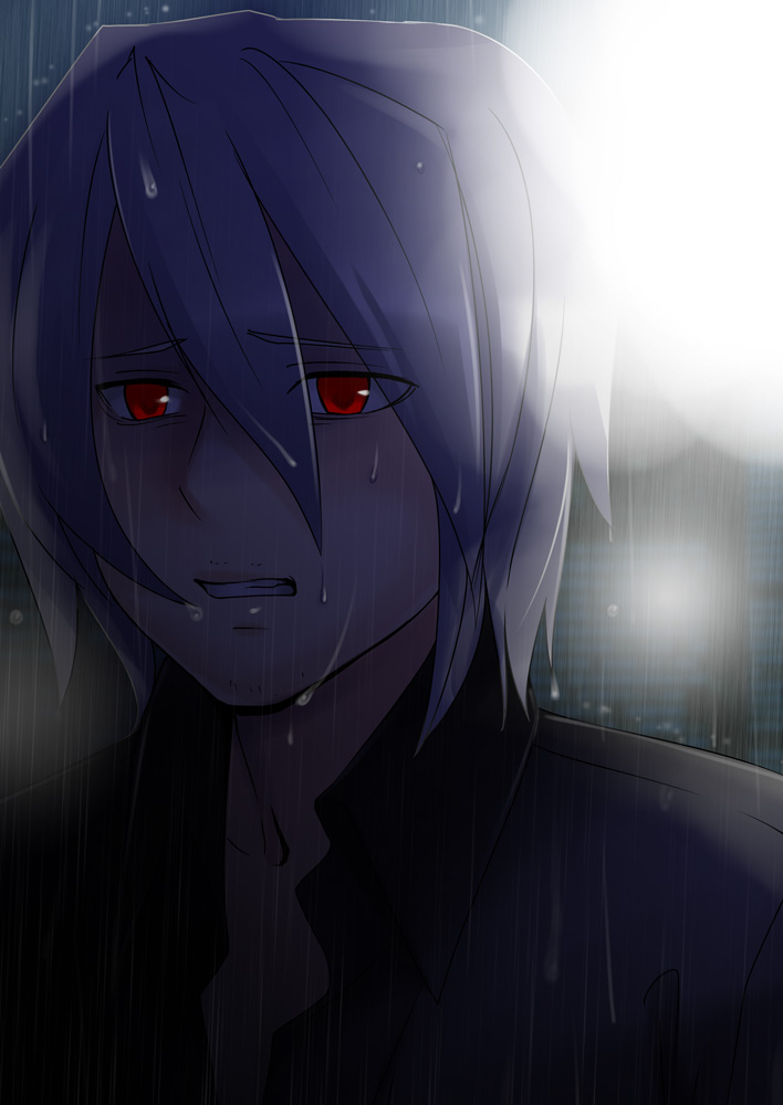 caffein, honne dell, vocaloid, silver hair, 1boy, albino, gradient background, headphones, male focus, purple theme, rain, red eyes, solo, upper body