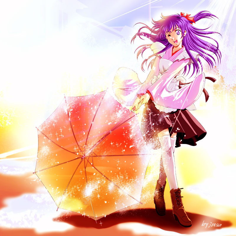 xiacheng tatsuya, original, 1girl, boots, female focus, hair ribbon, japanese clothes, long hair, maid, one eye closed, open mouth, purple eyes, purple hair, ribbon, skirt, smile, solo, thighhighs, umbrella, wa maid, white thighhighs, wink, zettai ryouiki