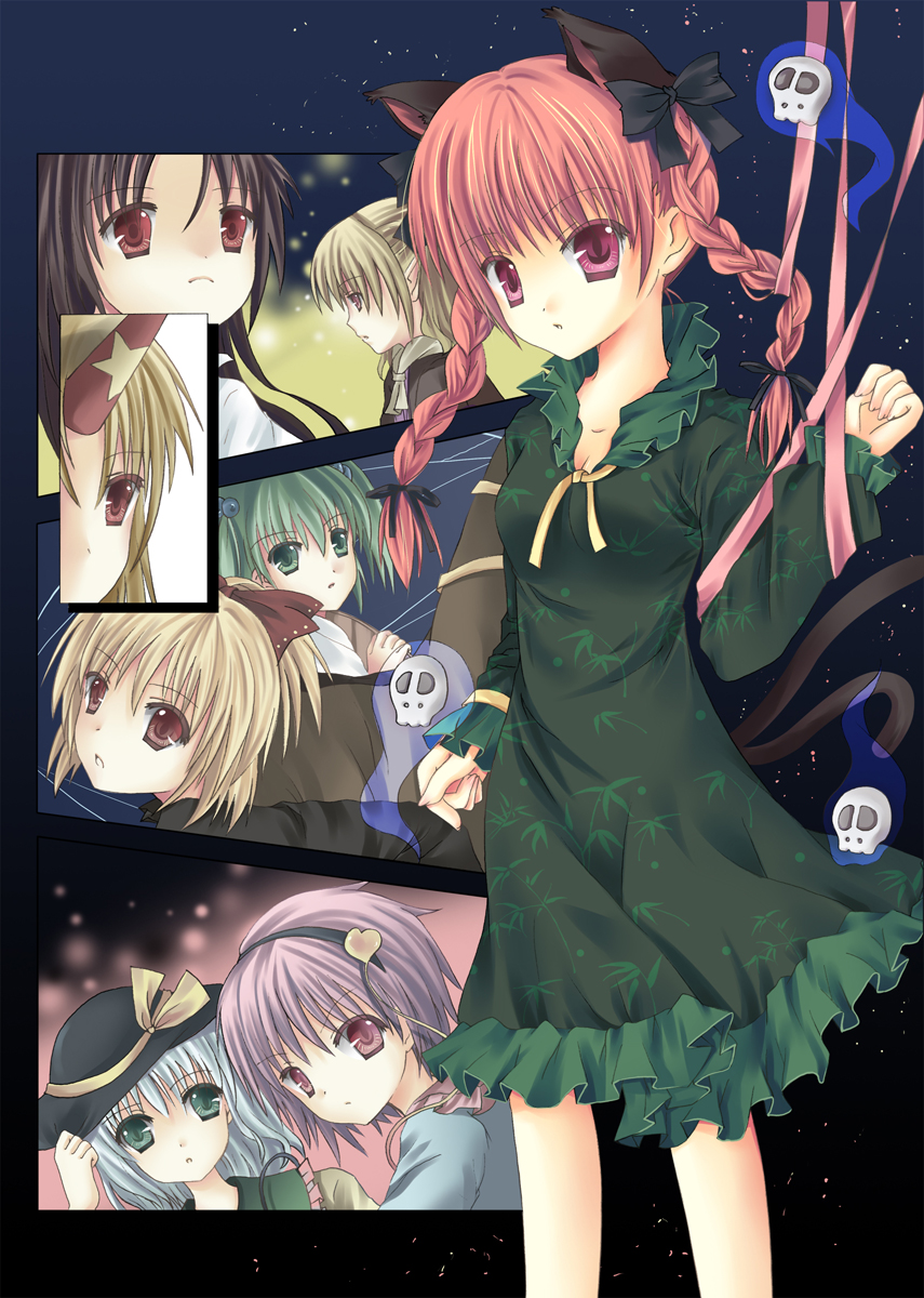 hanahanamaki, hoshiguma yuugi, kaenbyou rin, kisume, komeiji koishi, komeiji satori, kurodani yamame, mizuhashi parsee, reiuji utsuho, touhou, silver hair, bad id, bad pixiv id, highres, 6+girls, animal ears, blonde hair, braid, brown hair, bucket, cat ears, cat girl, cat tail, female focus, green eyes, green hair, hair ribbon, hairband, hat, heart, horns, in bucket, in container, long hair, multiple girls, multiple tails, pink eyes, pointy ears, purple hair, red eyes, red hair, ribbon, scarf, short hair, single horn, tail, twin braids, twintails