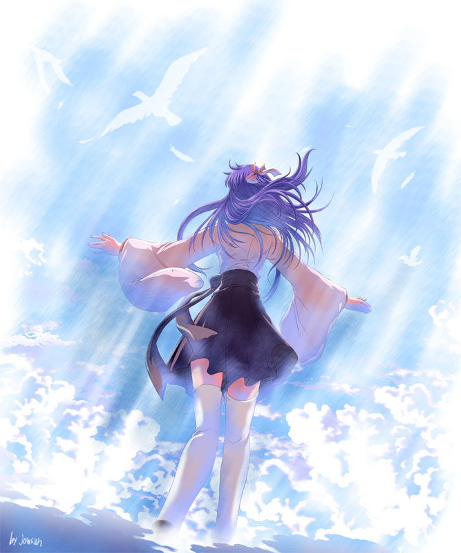 xiacheng tatsuya, original, 1girl, back, bird, cloud, day, female focus, from behind, full body, hair ribbon, japanese clothes, long hair, outstretched arms, purple hair, ribbon, sash, skirt, sky, solo, spread arms, thighhighs, white thighhighs, wide sleeves, zettai ryouiki