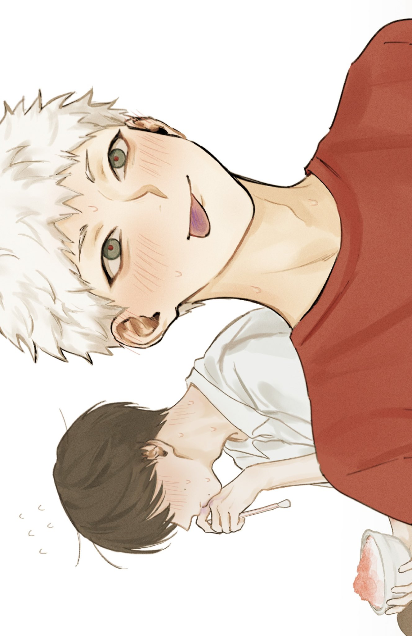 indou hikaru, tsujinaka yoshiki, hikaru ga shinda natsu, commentary, highres, symbol-only commentary, 2 321, 2boys, black hair, blush, closed mouth, collared shirt, ear blush, embarrassed, food, holding, holding food, holding ice cream, ice cream, ice cream spoon, implied indirect kiss, male focus, mole, mole on cheek, mole under mouth, multiple boys, multiple moles, neck blush, red pupils, red shirt, shirt, short eyebrows, short hair, sideways, simple background, spoon, sweat, tongue, tongue out, upper body, white background, white hair, white shirt, yaoi