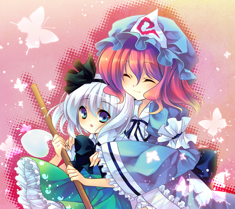 shinia, konpaku youmu, saigyouji yuyuko, touhou, hands on shoulders, silver hair, 2girls, :o, aged down, blue eyes, broom, bug, butterfly, closed eyes, female focus, hairband, happy, hat, holding, multiple girls, pink hair, short hair, smile