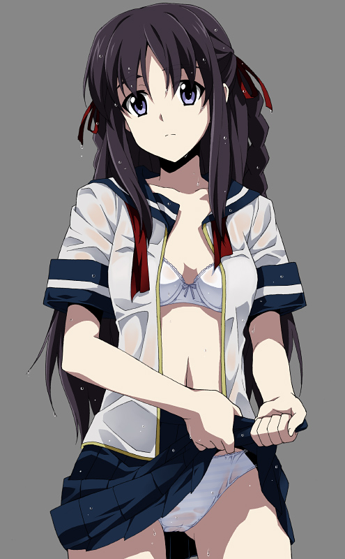 saipaco, hoshimura makina, shikabane hime, 1girl, blouse, blue bra, blue eyes, blue panties, bow, bow bra, bra, braid, brown hair, expressionless, female focus, lace, lace-trimmed bra, lace-trimmed panties, lace trim, lingerie, miniskirt, open clothes, open shirt, panties, pantyshot, pleated skirt, school uniform, serafuku, shadow, shirt, skirt, solo, standing, striped clothes, striped panties, underwear, upskirt, voyeurism, wet, wet clothes, white bra, wringing clothes