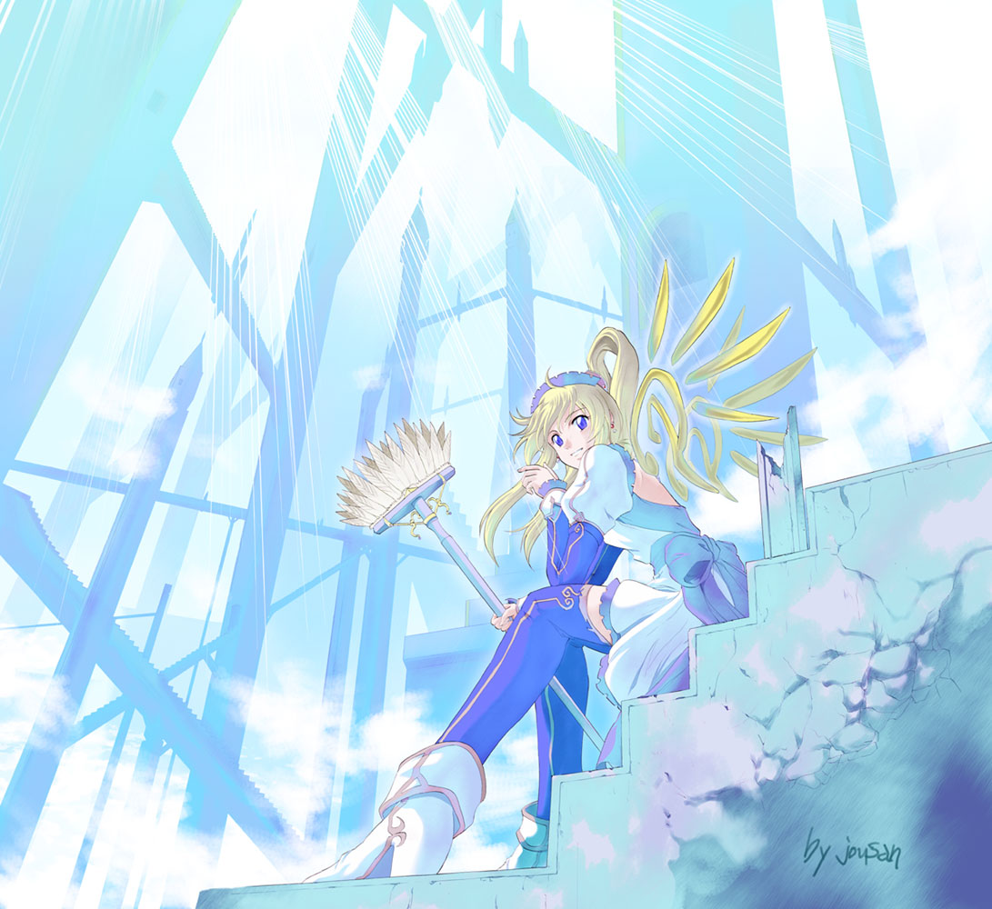xiacheng tatsuya, original, 1girl, angel, back, backless outfit, bare back, blonde hair, blue eyes, boots, dress, earrings, feathers, female focus, happy, high heels, jewelry, ribbon, shoes, sitting, smile, solo, staff, stairs, thighhighs, zettai ryouiki